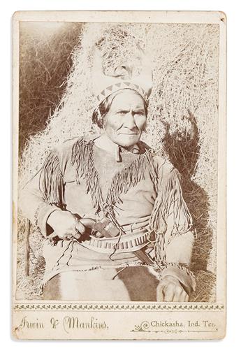 (AMERICAN INDIANS--PHOTOGRAPHY.) Irwin & Mankins. Cabinet card of Geronimo as a prisoner of war, with pistol tucked into his belt.               